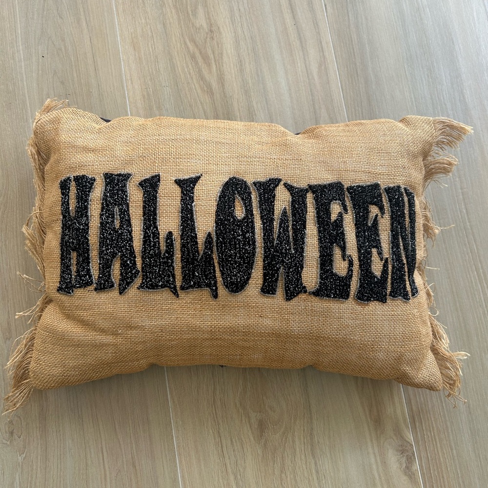 Halloween Burlap Pillow with Black Lettering